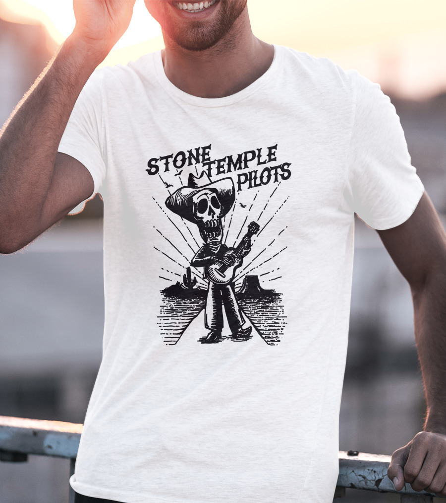 STONE TEMPLE PILOTS Skeleton Cowboy Playing Guitar Desert Scene T-Shirt
