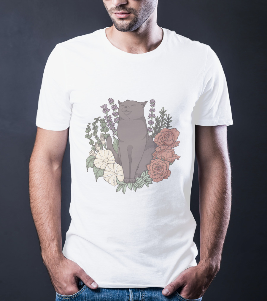 Blissful Cat Surrounded By Autumn Floral Breeze T-Shirt
