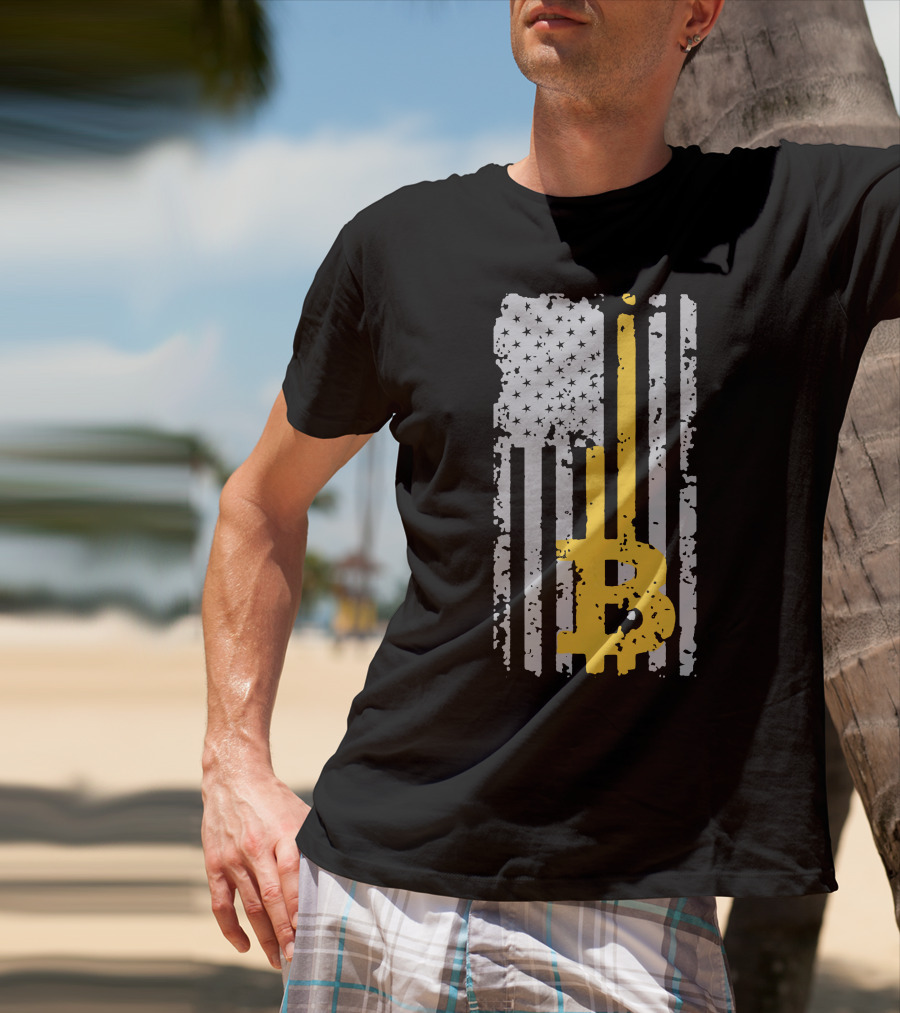 Bitcoin Logo On Distressed American Flag Background T-Shirt