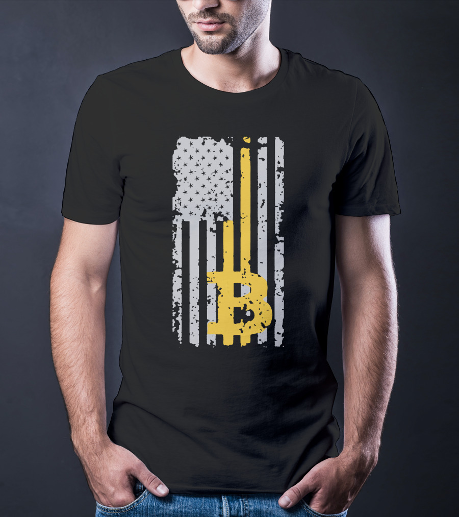 Bitcoin Logo On Distressed American Flag Background T-Shirt