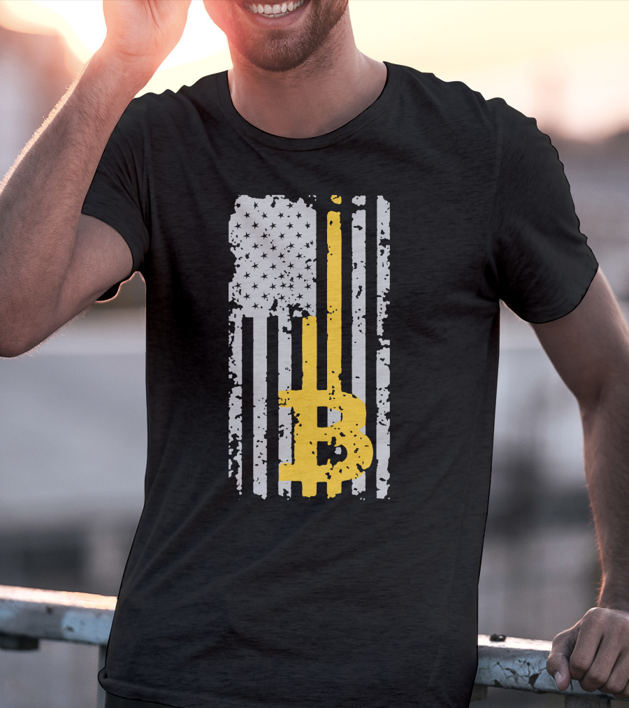Bitcoin Logo On Distressed American Flag Background T-Shirt