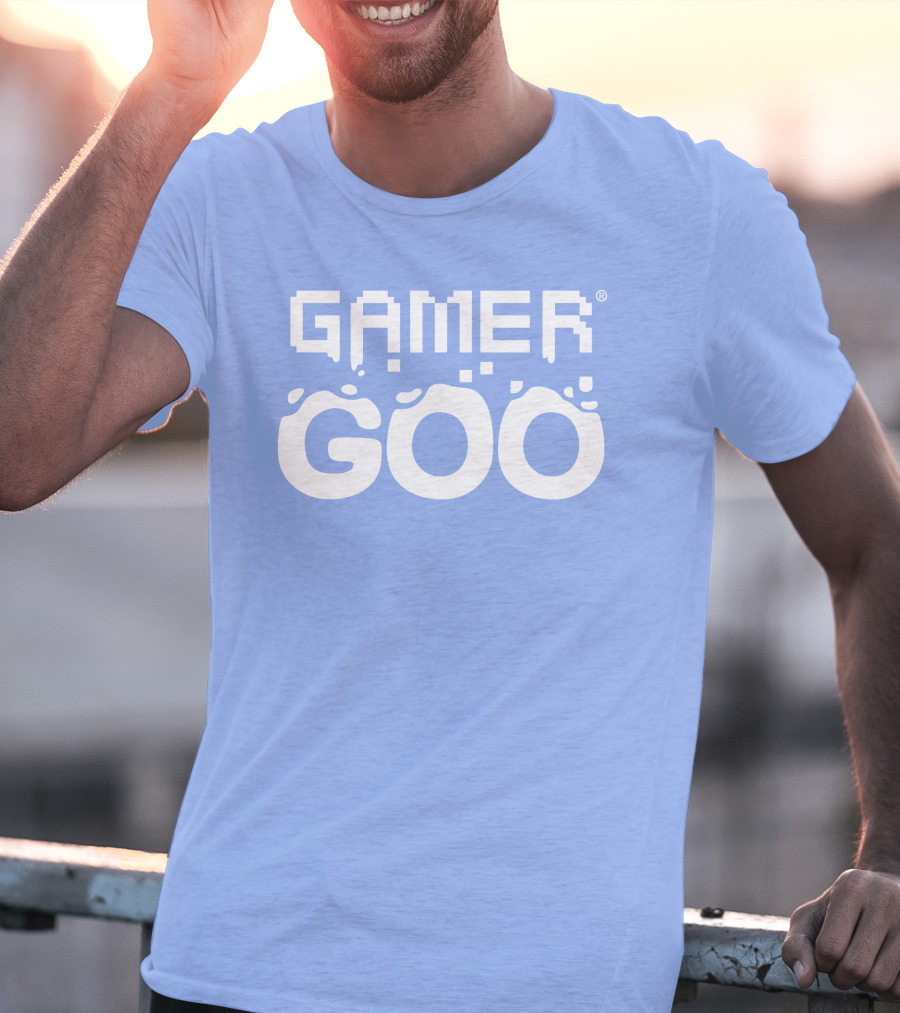 Gamer Goo Retro Pixel Font Blue Background T-Shirt