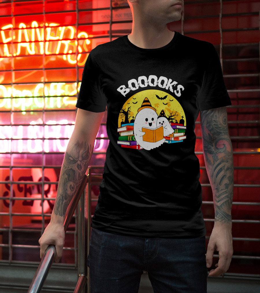 Booooks Ghost Reading Books Halloween Theme With Stacked Books And Bats T-Shirt