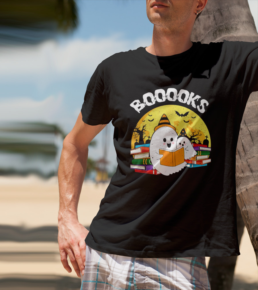 Booooks Ghost Reading Books Halloween Theme With Stacked Books And Bats T-Shirt