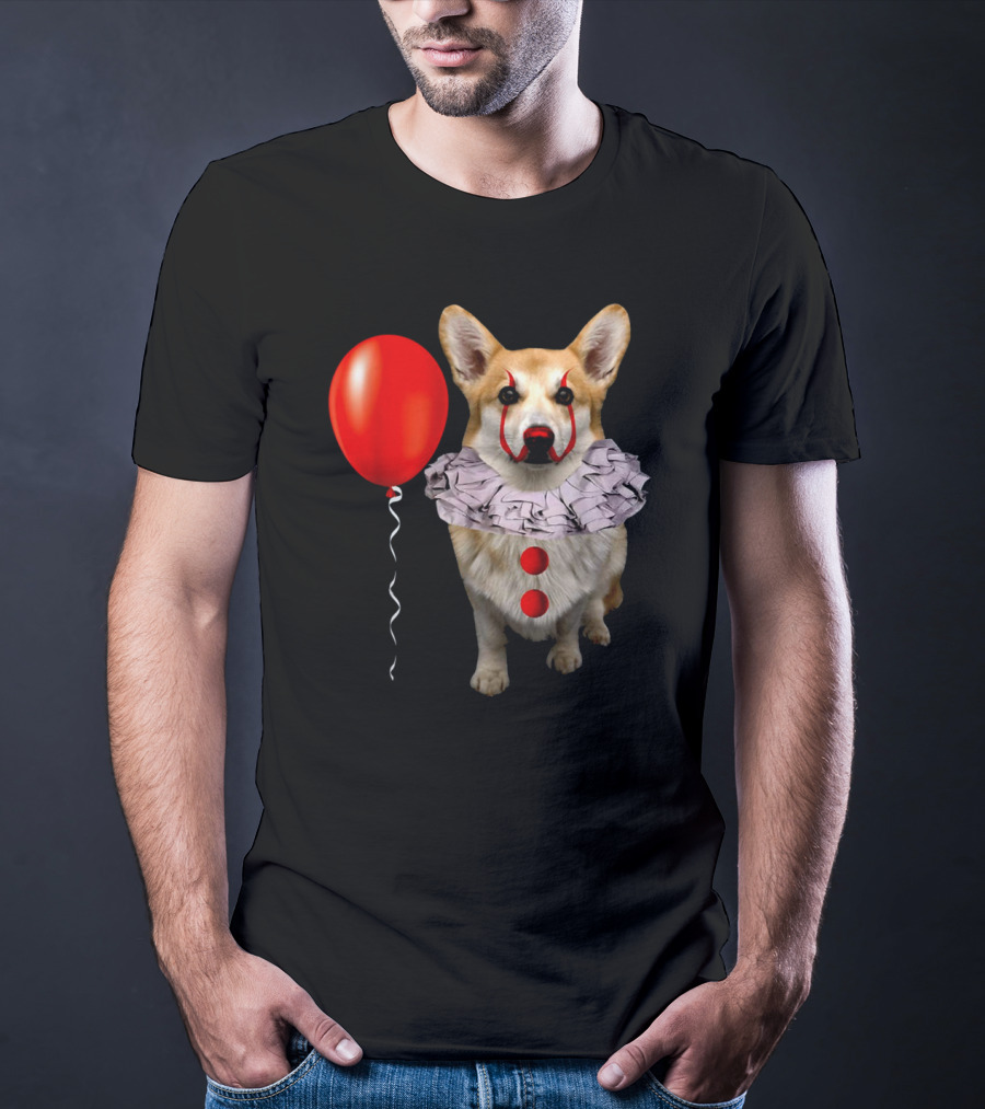 Red Balloon Corgi Scary Clown Funny Costume T-Shirt