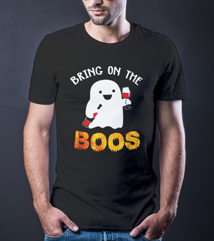 Bring On The Boos Funny Wine Ghost Holding Bottle And Glass Of Red Wine T-Shirt
