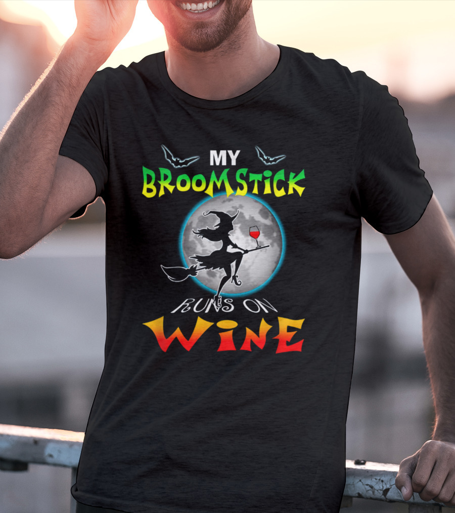 My Broomstick Runs On Wine Halloween Wine Lover Moon And Witch T-Shirt