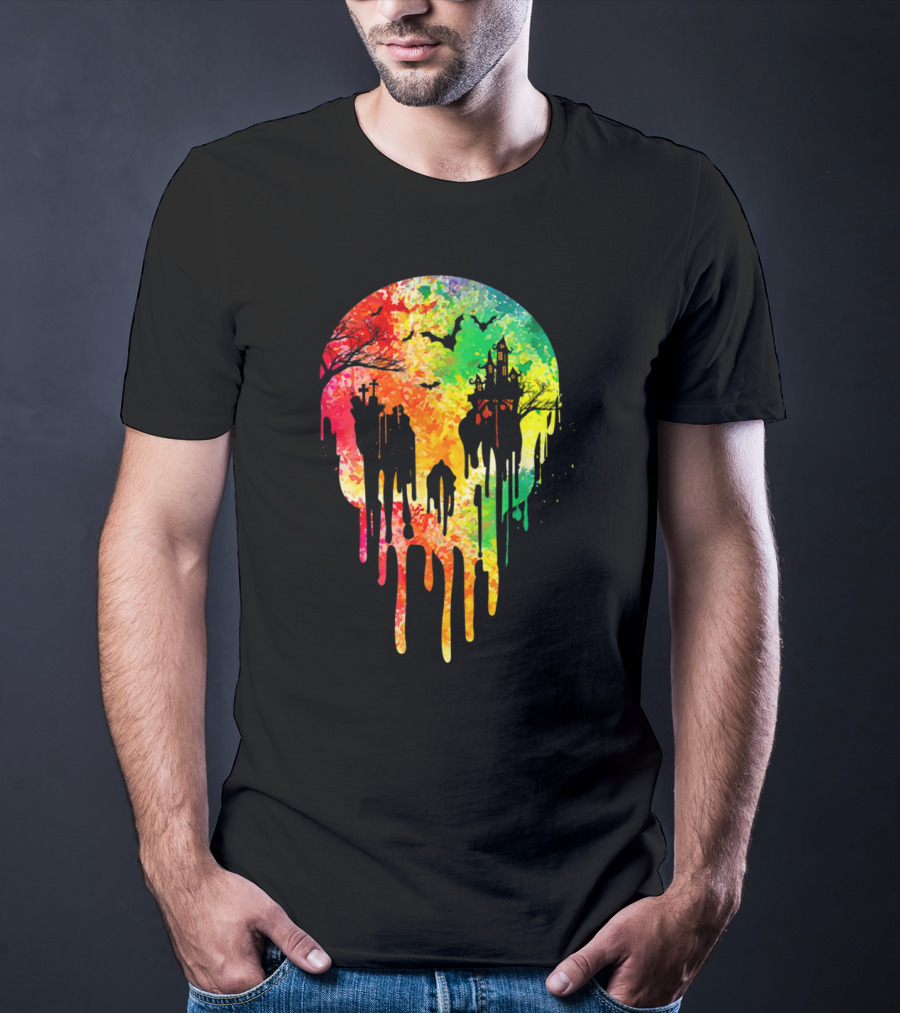 Melting Skull Colorful Night With Haunted Trees And Bats T-Shirt
