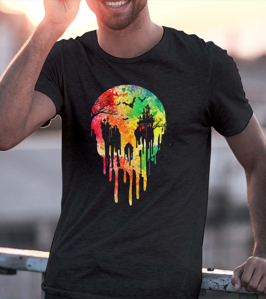 Melting Skull Colorful Night With Haunted Trees And Bats T-Shirt