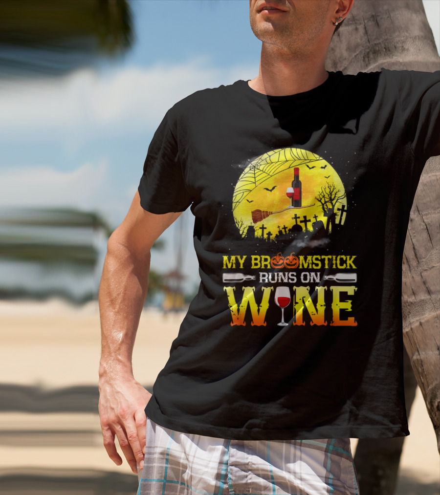 My Broomstick Runs On Wine Halloween Moon Pumpkins Graveyard Scene T-Shirt