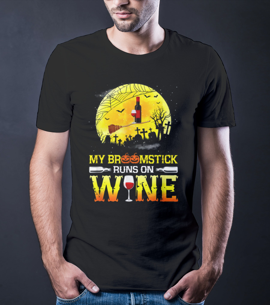 My Broomstick Runs On Wine Halloween Moon Pumpkins Graveyard Scene T-Shirt