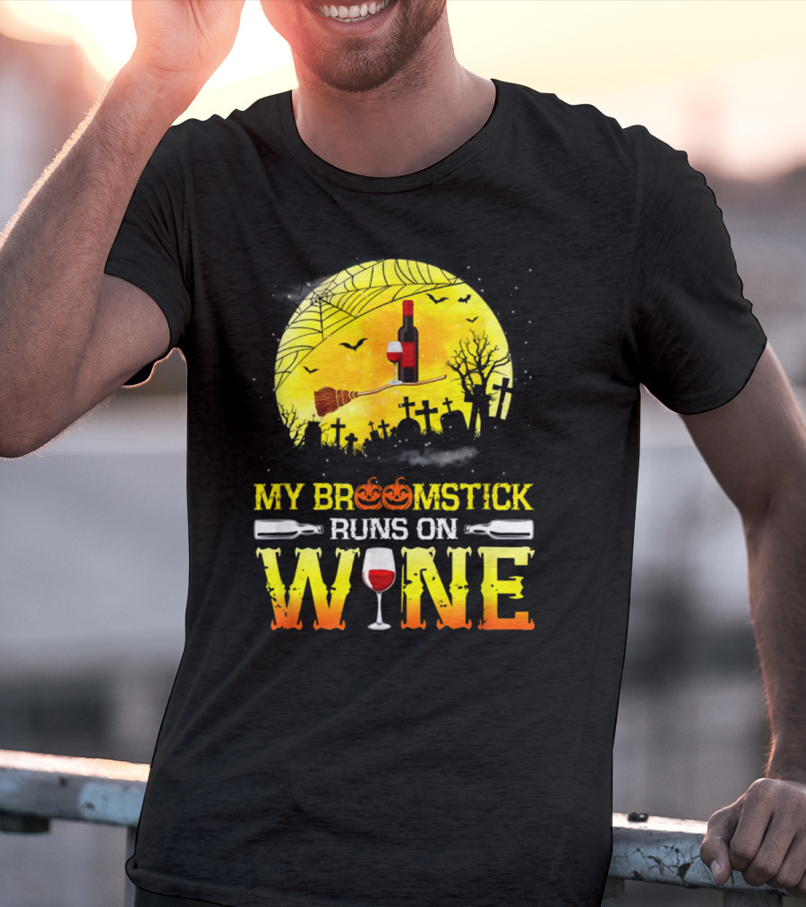 My Broomstick Runs On Wine Halloween Moon Pumpkins Graveyard Scene T-Shirt