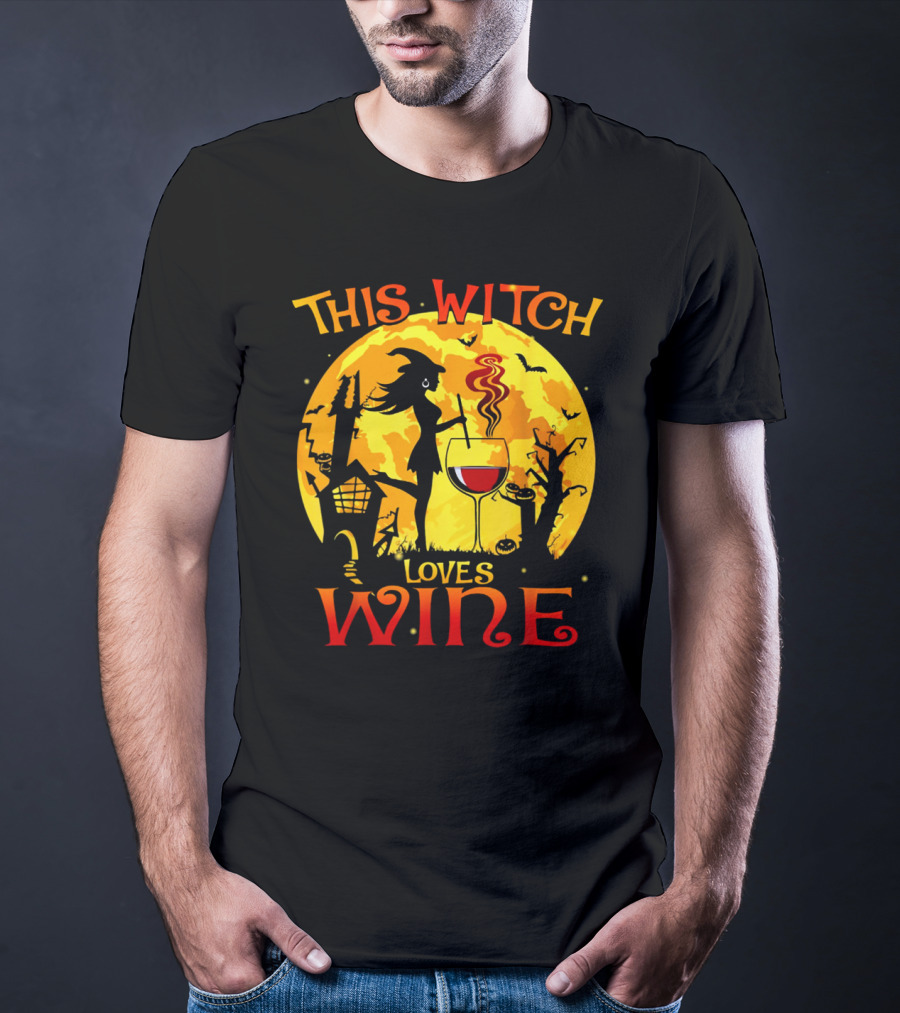 Witch Silhouette Enjoying Wine In Halloween Scene With Full Moon And Bats T-Shirt