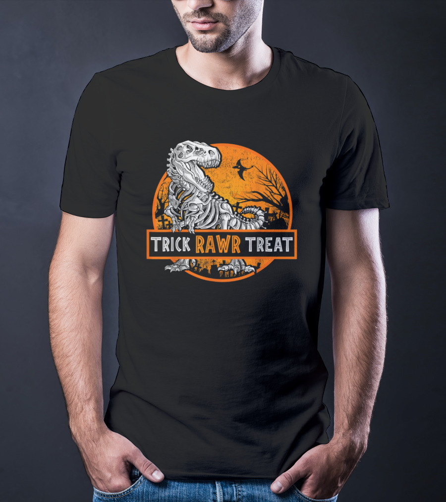 Trick Rawr Treat Halloween Skeleton T-Rex With Spooky Orange Background T-Shirt