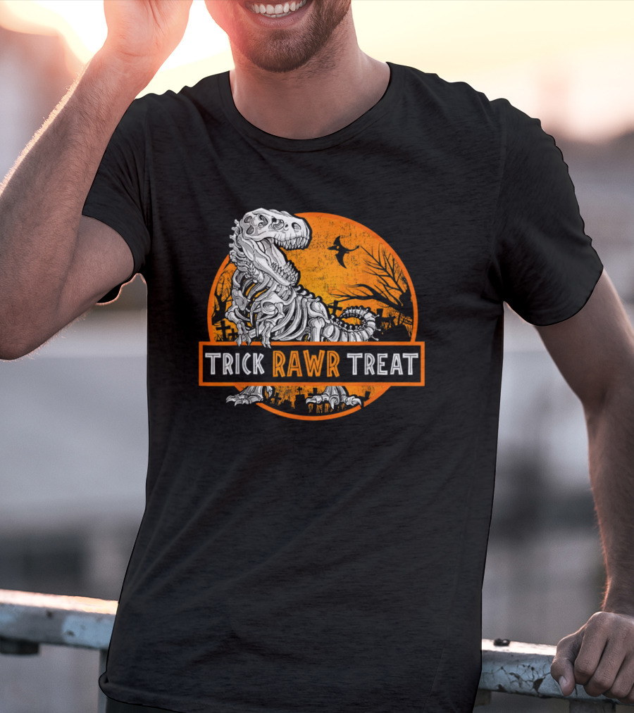 Trick Rawr Treat Halloween Skeleton T-Rex With Spooky Orange Background T-Shirt