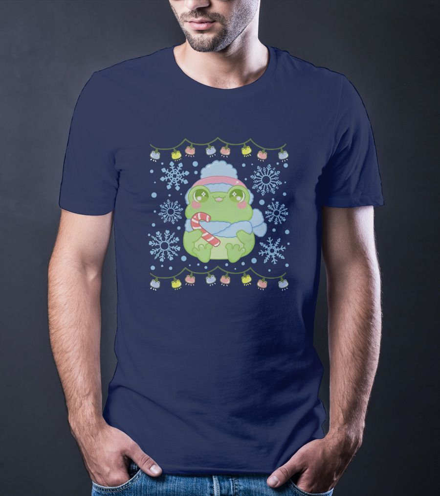 Merry Frogmas Cute Winter Frog With Candy Cane And Snowflakes T-Shirt