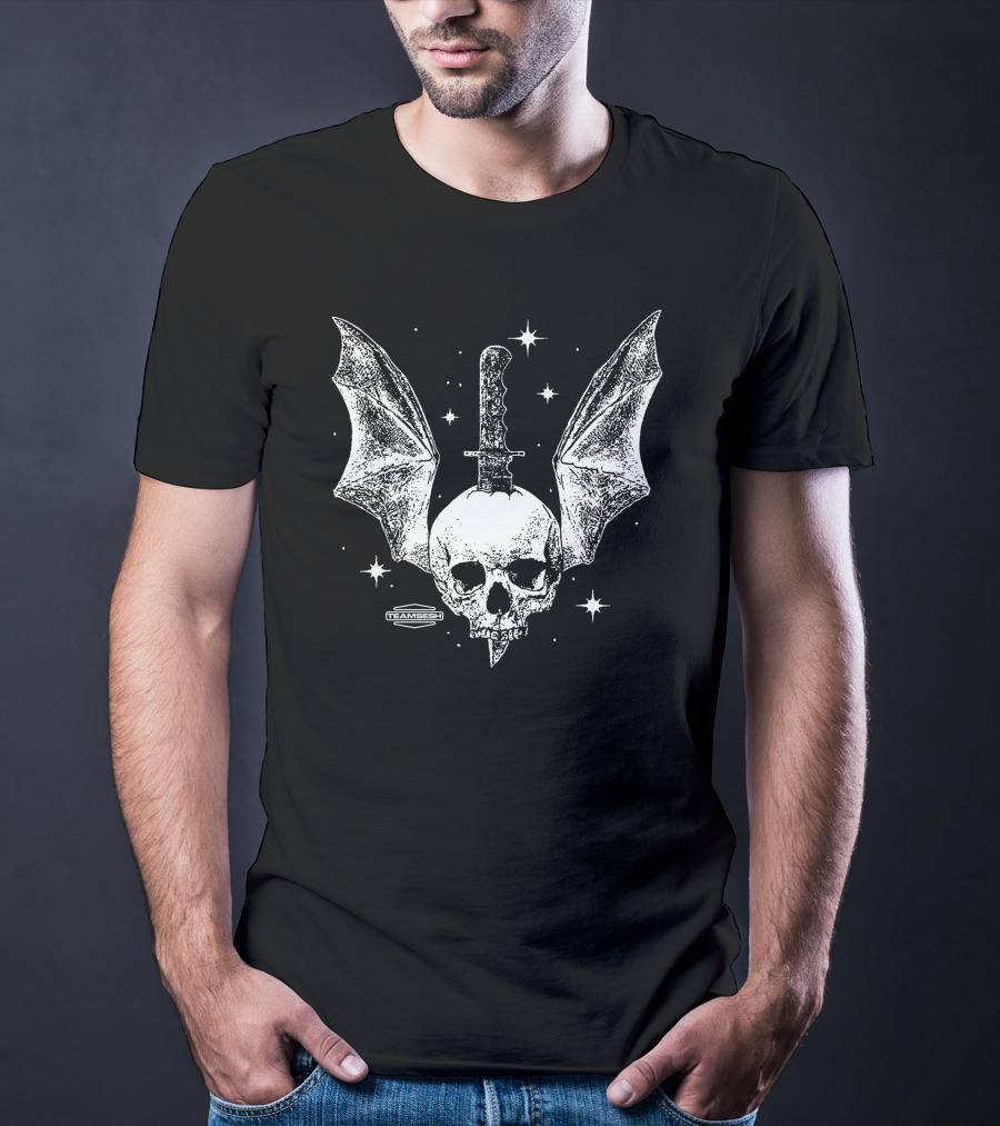 Teamsesh Skull With Bat Wings And Knife Starry Background T-Shirt