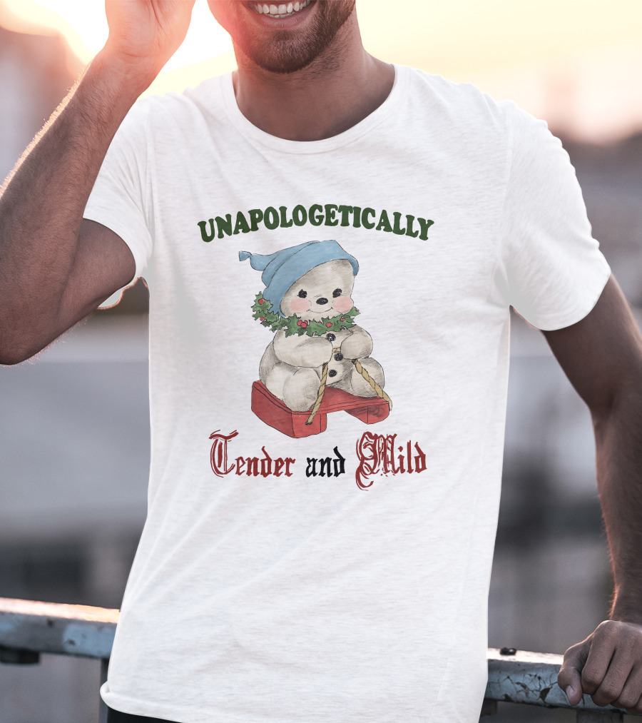 Unapologetically Tender And Mild Snowman With Blue Hat And Holly Garland T-Shirt