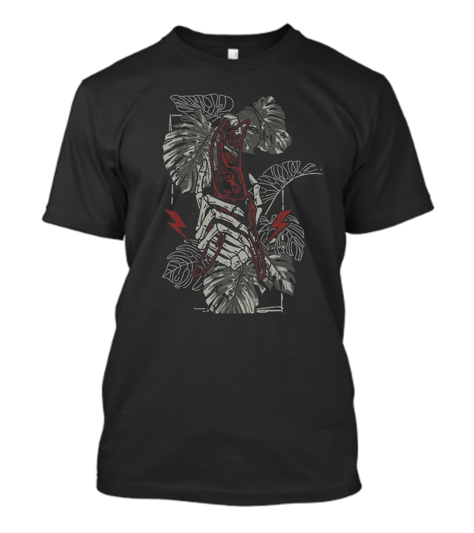 Julien Solomita Plant Energy Skeleton Hand Lightning Monstera Leaves T-Shirt