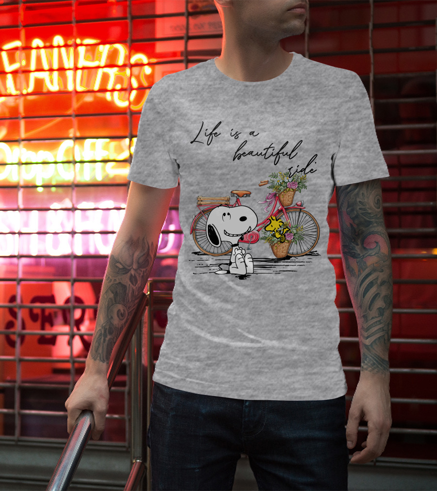 Life Is A Beautiful Ride With Snoopy And Woodstock On Floral Bicycle T-Shirt