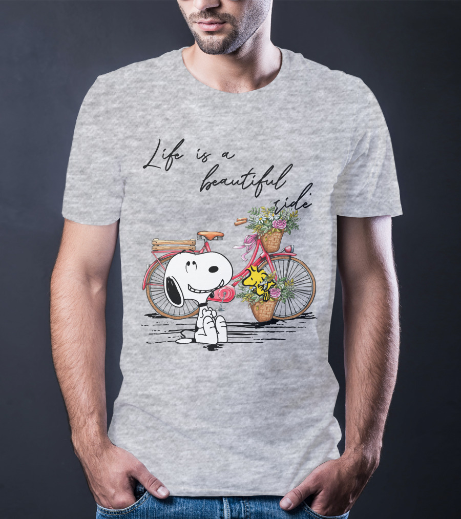Life Is A Beautiful Ride With Snoopy And Woodstock On Floral Bicycle T-Shirt