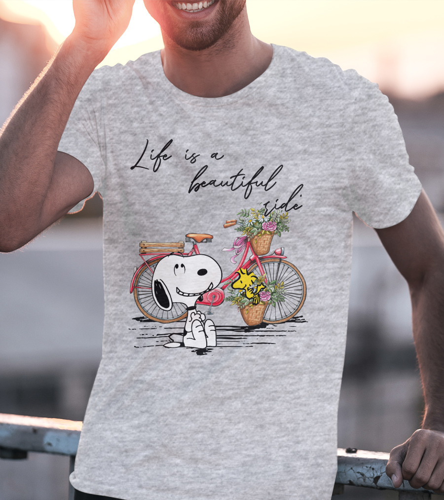 Life Is A Beautiful Ride With Snoopy And Woodstock On Floral Bicycle T-Shirt