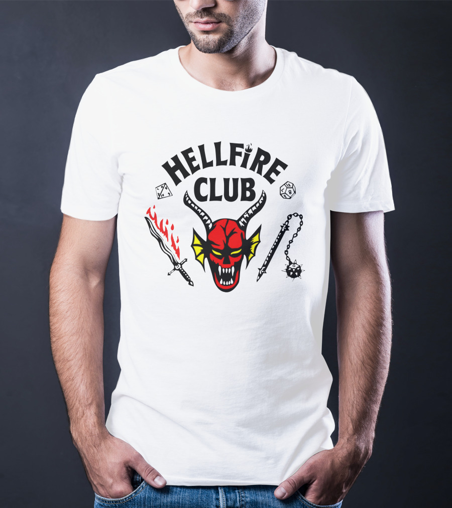 Mike Wheeler Hellfire Club Demon Sword Dice Dungeons Dragons Chains T-Shirt