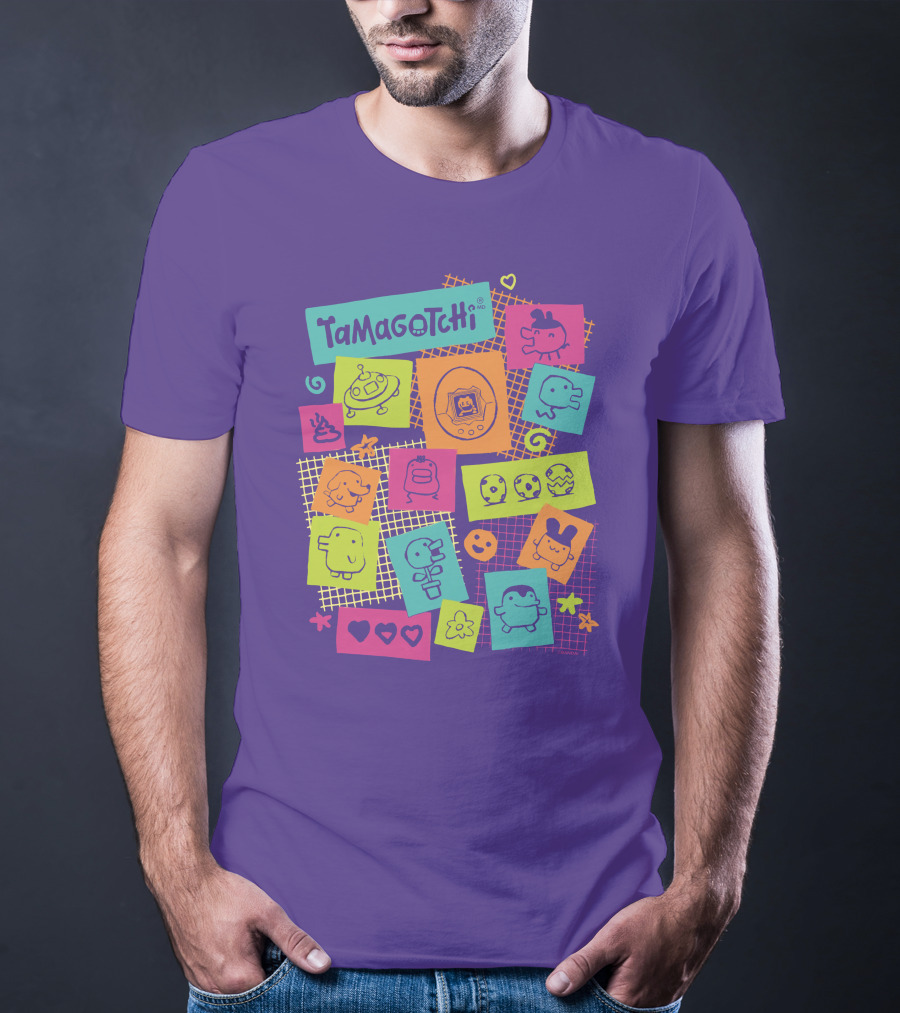 Tamagotchi Neon Character Collage With Hearts And Stars T-Shirt