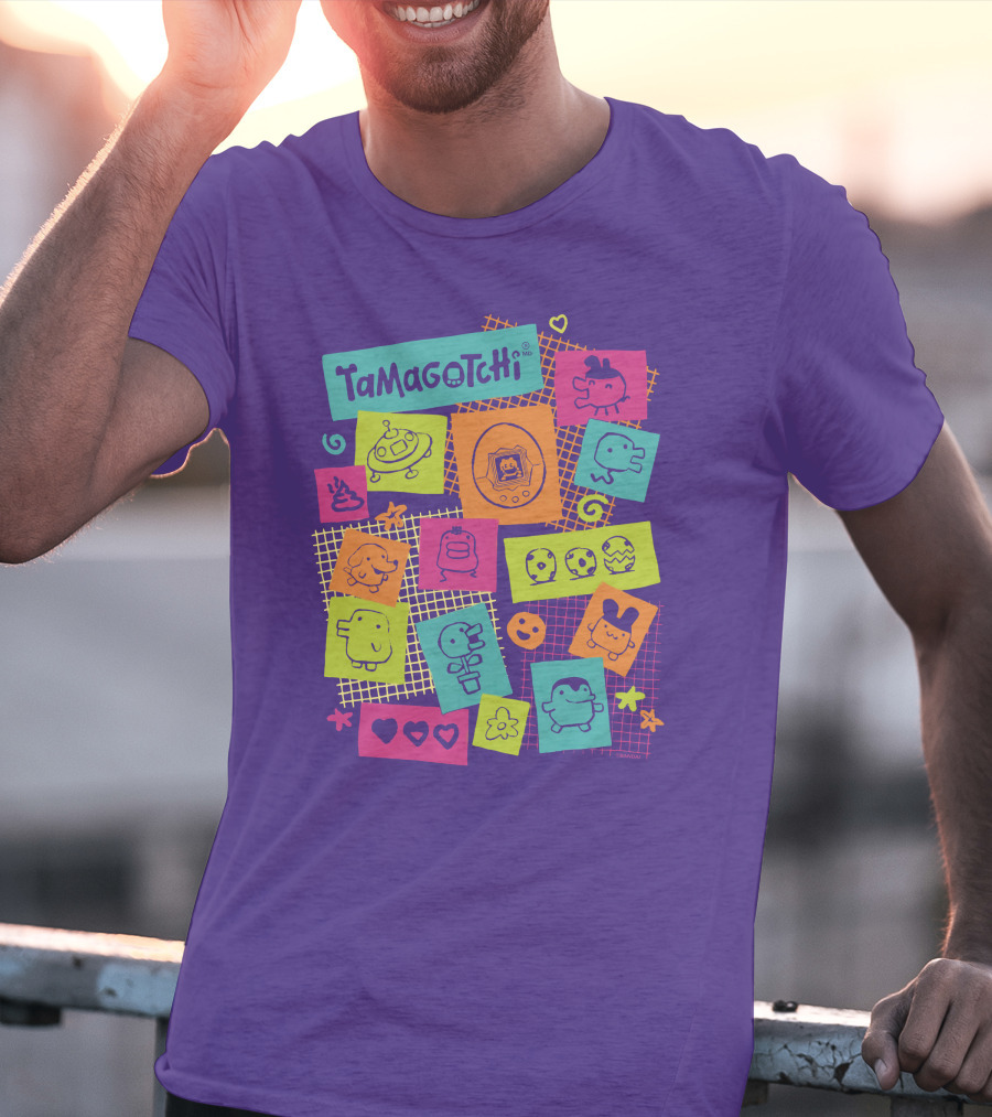 Tamagotchi Neon Character Collage With Hearts And Stars T-Shirt