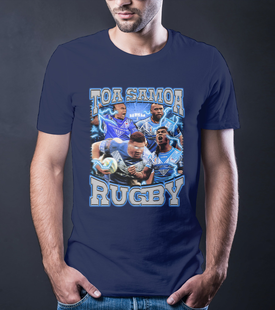 Toa Samoa Rugby Blue Jersey Action Lightning Background T-Shirt