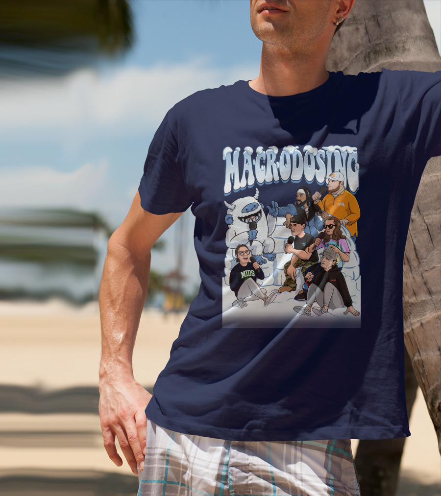 Macrodosing Yeti Podcast Group In Ice Fortress Scene With Microphones And Laughter T-Shirt