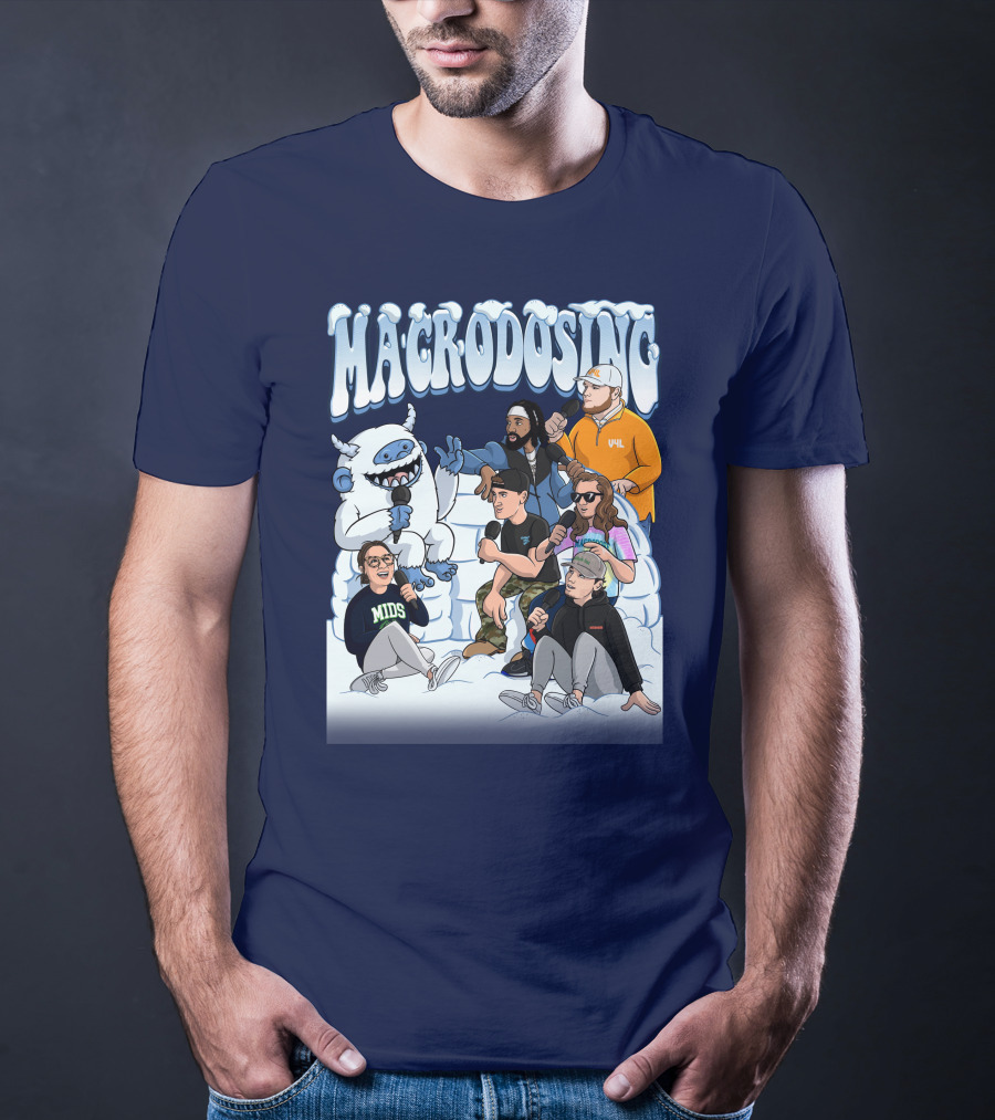 Macrodosing Yeti Podcast Group In Ice Fortress Scene With Microphones And Laughter T-Shirt