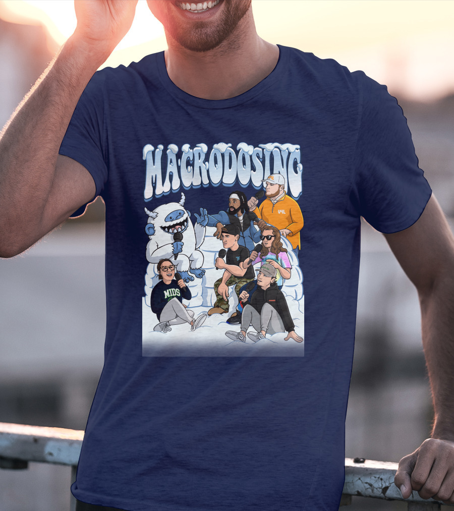 Macrodosing Yeti Podcast Group In Ice Fortress Scene With Microphones And Laughter T-Shirt
