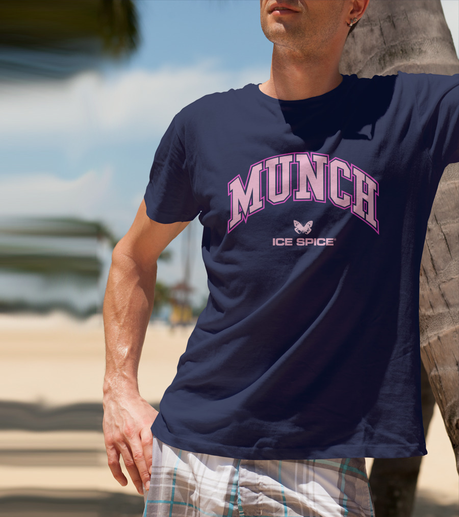 Munch Butterfly Ice Spice Pink Lettering Dark Blue Background T-Shirt