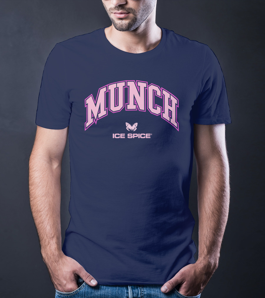 Munch Butterfly Ice Spice Pink Lettering Dark Blue Background T-Shirt