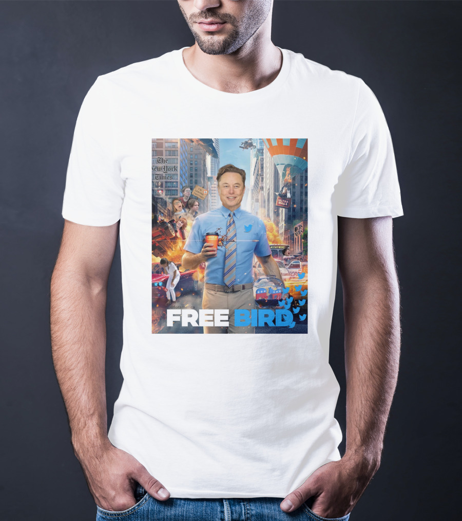 Elon Musk Free Bird I'm Leaving Twitter Chaos Explosion Cityscape Car Plane Twitter T-Shirt