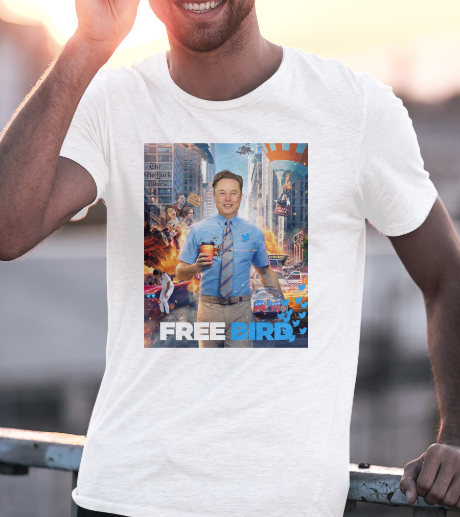 Elon Musk Free Bird I'm Leaving Twitter Chaos Explosion Cityscape Car Plane Twitter T-Shirt