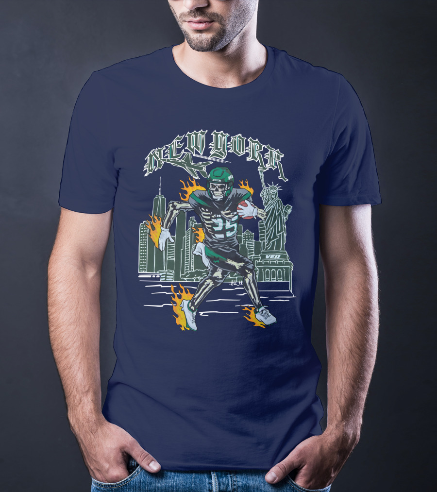 New York Ty Johnson Football Skyline Skeleton Art Flames Statue Of Liberty T-Shirt