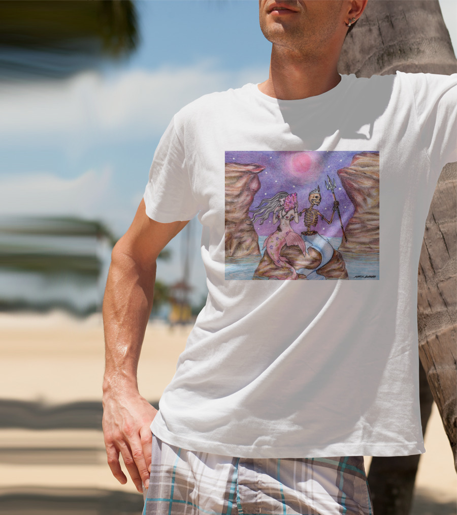 Marcos Alvarado Sea Of Love Mermaid And Skeleton Under Pink Moon T-Shirt