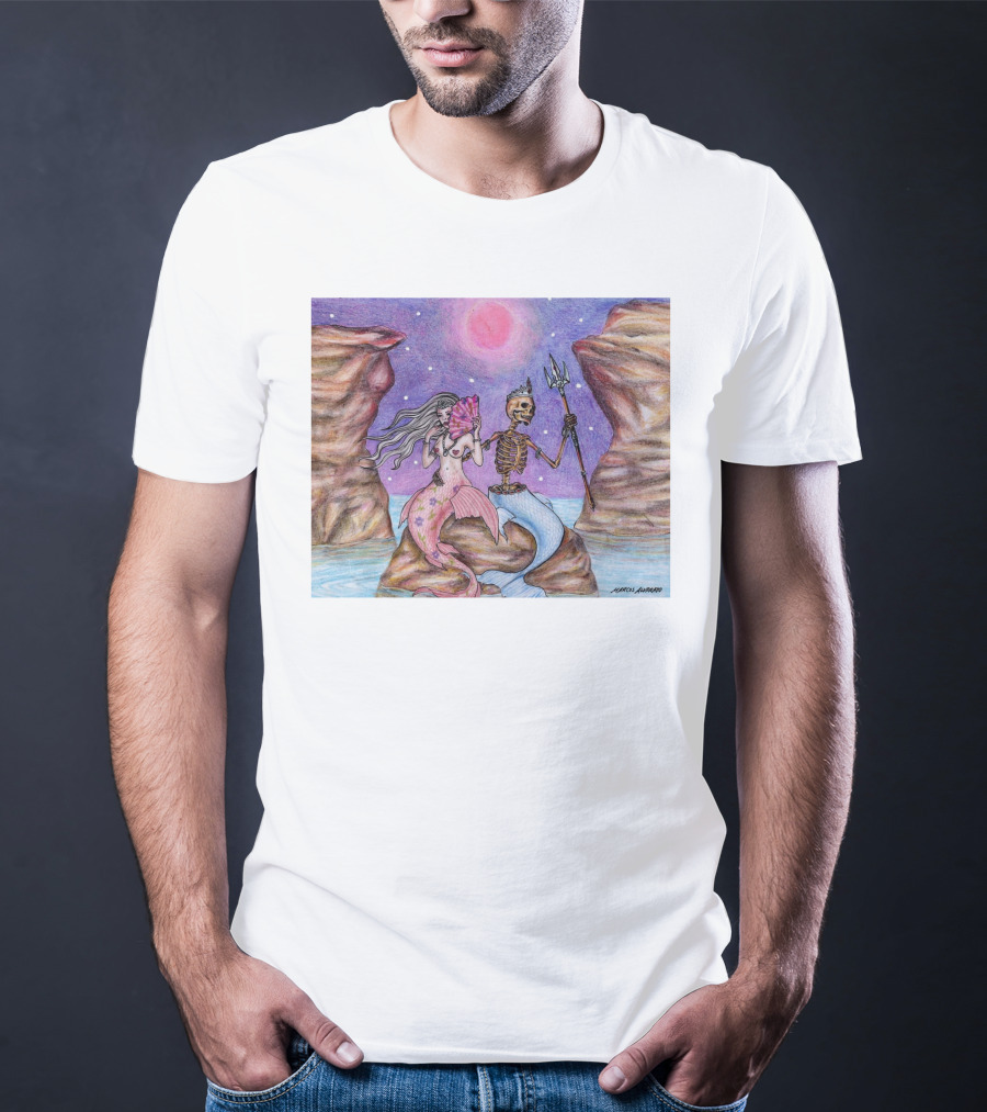 Marcos Alvarado Sea Of Love Mermaid And Skeleton Under Pink Moon T-Shirt