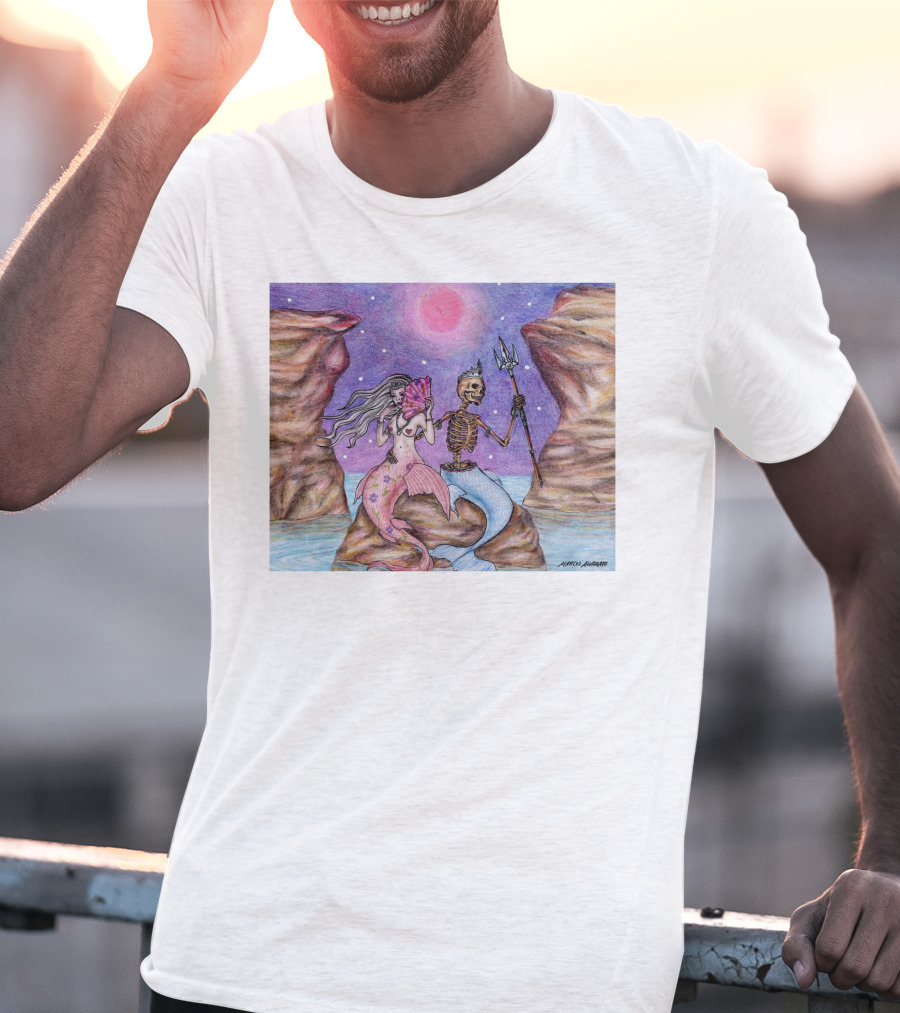 Marcos Alvarado Sea Of Love Mermaid And Skeleton Under Pink Moon T-Shirt