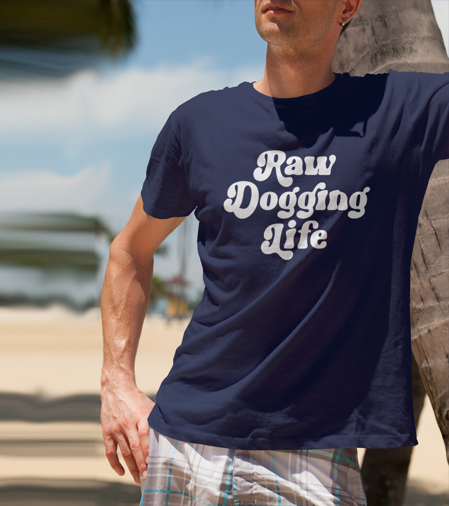 Raw Dogging Life White Retro Font Navy T-Shirt