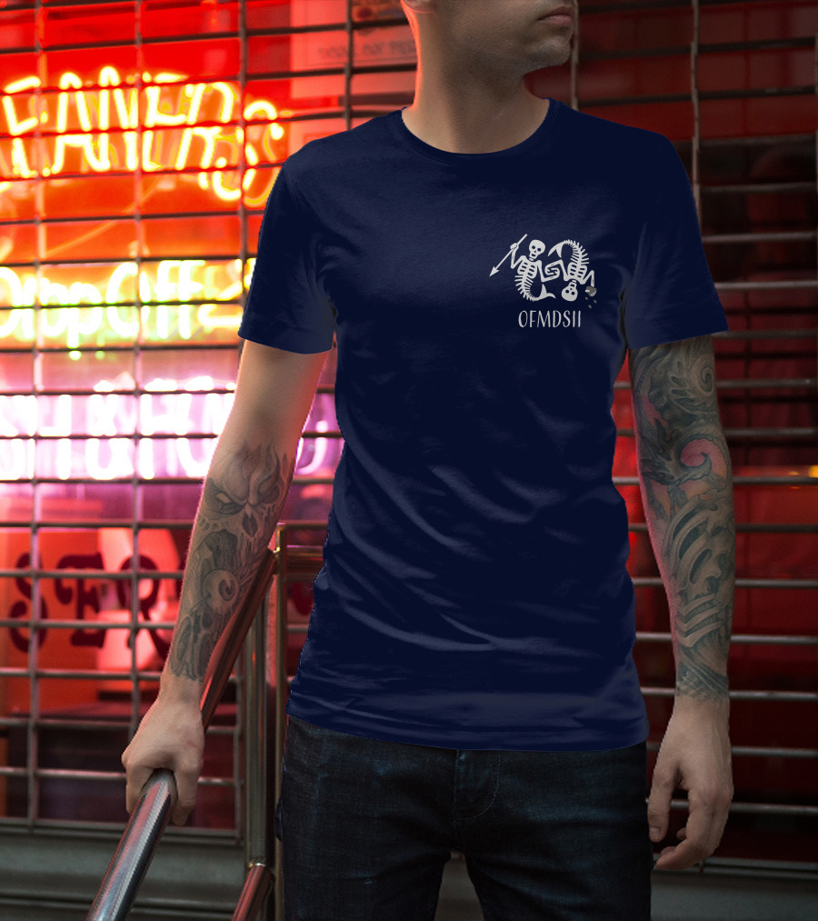 Samba Schutte Wearing OFMDSII Skeleton Arrow Design Navy T-Shirt