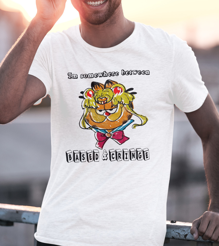 I'm Somewhere Between Based And Cringe With Cartoon Cat Mashup T-Shirt