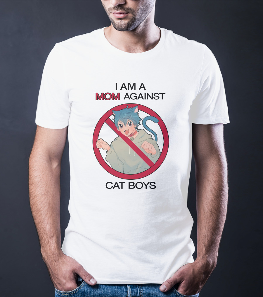 I Am A Mom Against Cat Boys Prohibition Symbol Cartoon Character With Blue Hair And Cat Ears T-Shirt