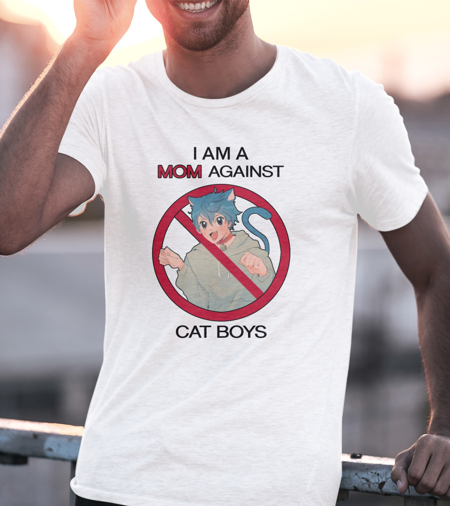 I Am A Mom Against Cat Boys Prohibition Symbol Cartoon Character With Blue Hair And Cat Ears T-Shirt