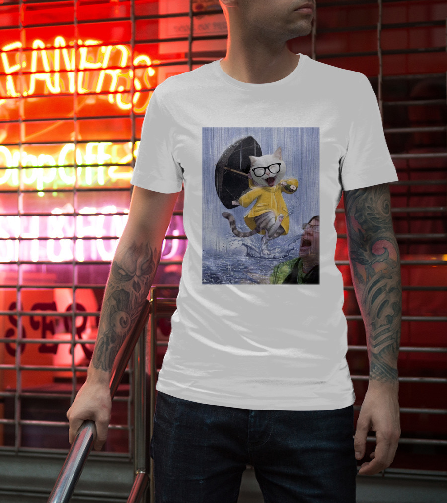 Catturd In Yellow Raincoat With Glasses Holding Umbrella In The Rain T-Shirt