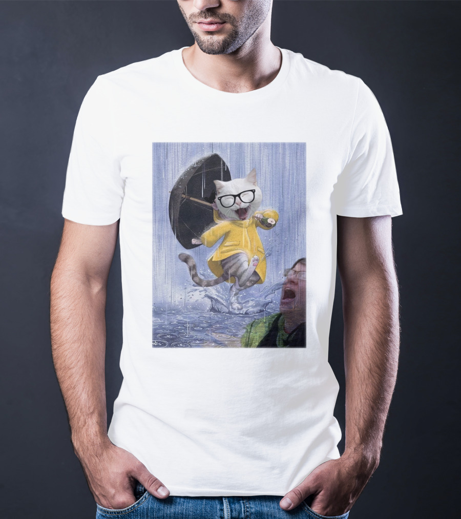 Catturd In Yellow Raincoat With Glasses Holding Umbrella In The Rain T-Shirt
