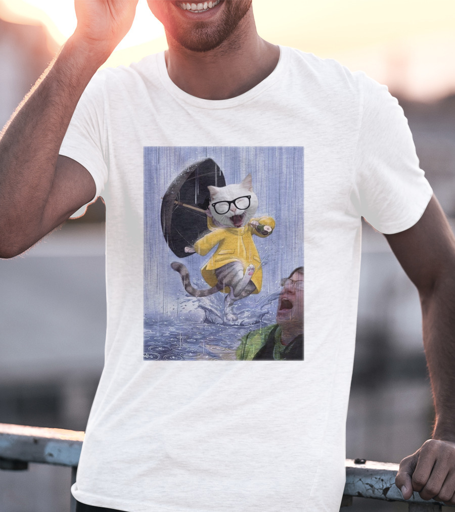 Catturd In Yellow Raincoat With Glasses Holding Umbrella In The Rain T-Shirt