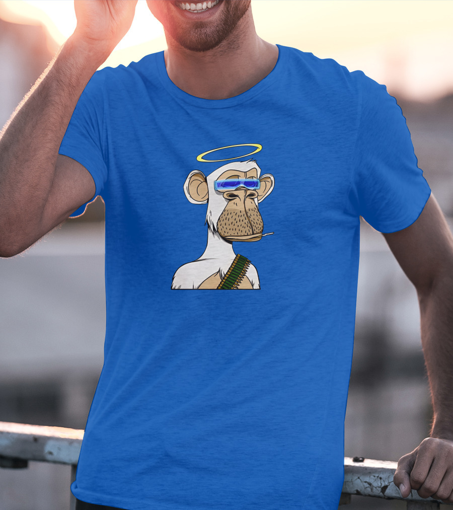 Ginotheghost Bored Ape Yacht Club Angel Halo NFT Ape Blue Background T-Shirt